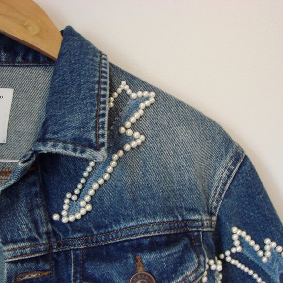 Sandro Denim Jean Jacket Pearl Embellished Lightning Bolt Size 42 FR or 10 - Picture 7 of 16